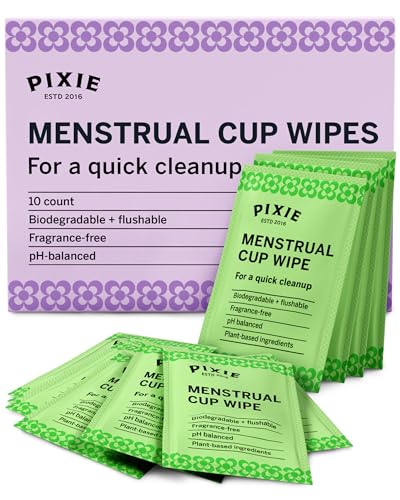 Pixie Menstrual Cup Wipes - Flushable, Biodegradable, pH Balanced & Unscented - Individually Wrapped Packet Wipes for On The Go & Public Bathrooms - Wash & Clean Your Menstrual Cups & Discs (10 Count)