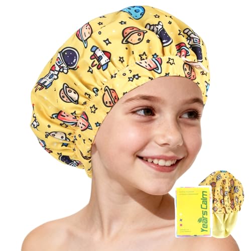 Years calm Satin Lined Shower Cap for Kids Waterproof Kids Shower Cap with Soft Hair Protection & Wide Elastic Band Reusable Shower Hat for Kids Ages 310 (Yellow One Size)