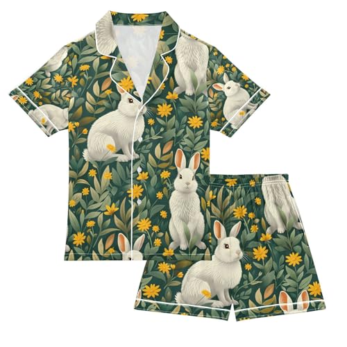 senya Flower Rabbit Yellow F Satin Summer Pajama Sets Silk Short Sleeve Button Down Sleepwear