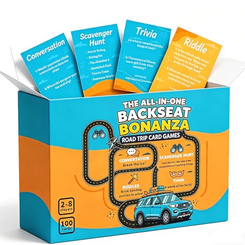 MLOLM Road Trip Games Travel Essentials 100Pcs 4-in-1 Car Game Bundle with Trivia Conversation Riddles Scavenger Hunt Bingo Activities for Long Car Rides Must Haves for Long Car Rides