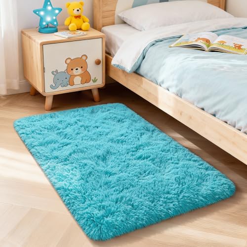 Merelax Modern Soft Fluffy Small Shaggy Rug for Bedroom Livingroom Dorm Kids Room Indoor Home Decorative, Non-Slip Plush Furry Fur Area Rugs Comfy Nursery Accent Floor Carpet 2x3 Feet, Teal