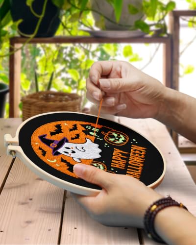 Image of TINDTOP Halloween Embroidery Kit for Adult, Embroidery DIY Starter Kit, with Stamped Patterns, Hoop, Tools, Colorful Threads with Needles, Instructions (Halloween B)