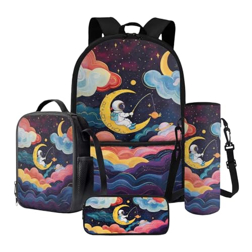 Poceacles 4 unids niños mochila y almuerzo bolsa set niños Niñas clase suministros bolsa lápiz bolsa agua botella manga, dibujos animados astronauta Luna nube impresión, un tamaño, bolso escolar