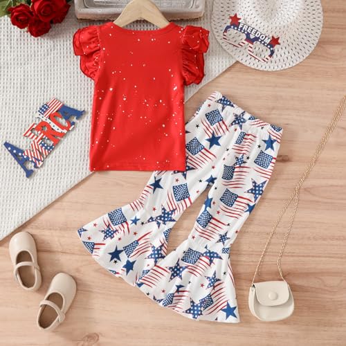 Image of Ayalinggo Fourth Of July Outfit For Kids Girl 4th Of July American Flag Shirt Flare Pant Set Indenpendent Day Summer Clothes