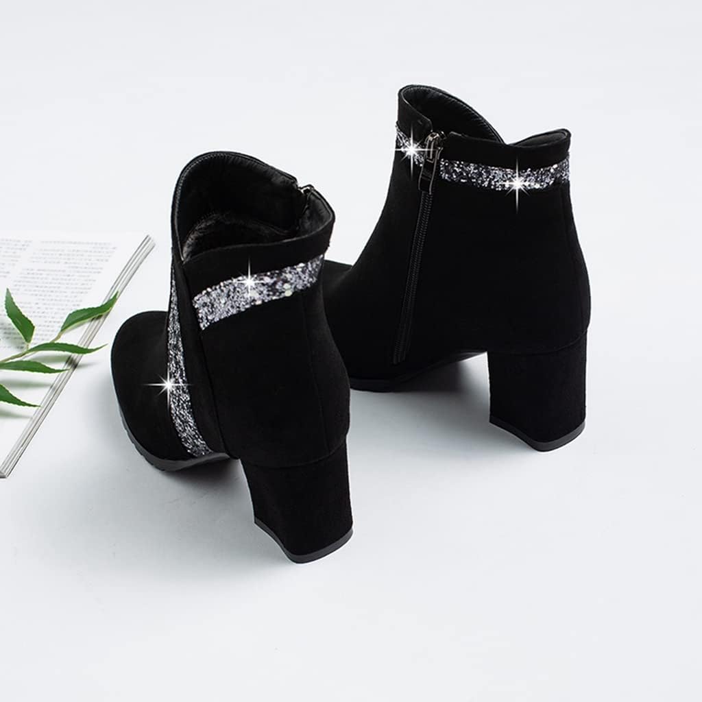 Women's Fashion Glitter Dressy Ankle Boots Round Toe Side Zipper Chunky High Heel Dress Short Booties - Image 4