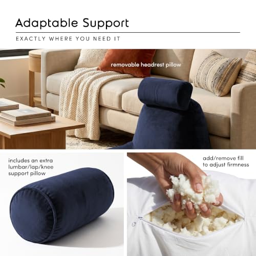 Image of Nestl Reading Pillow with Shredded Memory Foam Includes 2 Neck and Lumber Support Pillows, Designed for Sitting Up in Bed and Couch, Back and Arms Adjustable Support for Adult & Teens, Navy Blue
