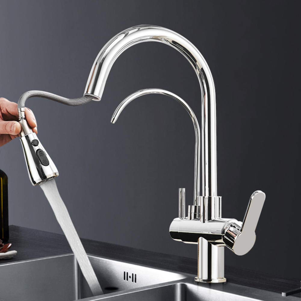 Grifo de Cocina 3 en 1 con Grifo Giratorio de un Solo Orificio para Fregadero de Cocina, Agua Pura, Caliente y fría, Color Negro (Color: Nero)