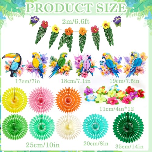 Image of PAPER JAZZ Tropical Toucan Hibiscus Party Decorations, Hawaiian Jungle Theme Supplies, Yellow Pink Hanging Ornaments for Luau Tiki Party