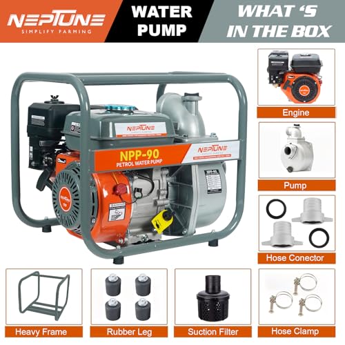 Image of Neptune Simplify Farming NPP-90 High-Flow Water Pump | 7.5 HP 4-Stroke Petrol Engine | 3-Inch Outlet | 3600 RPM Speed | 1000 L /min Max Flow | Built for Agriculture, Irrigation, Draining & Garden Use