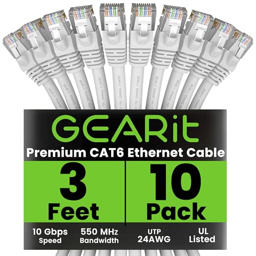 GEARit Cat 6 Ethernet Cable (10-Pack 3 Feet) Cat6 Network Patch, 10Gbps, RJ45, Snagless Cord, Gold-Plated Connectors, Internet for PC, TV, Tablet, Router, Printer, Servers, IT Data Center - White