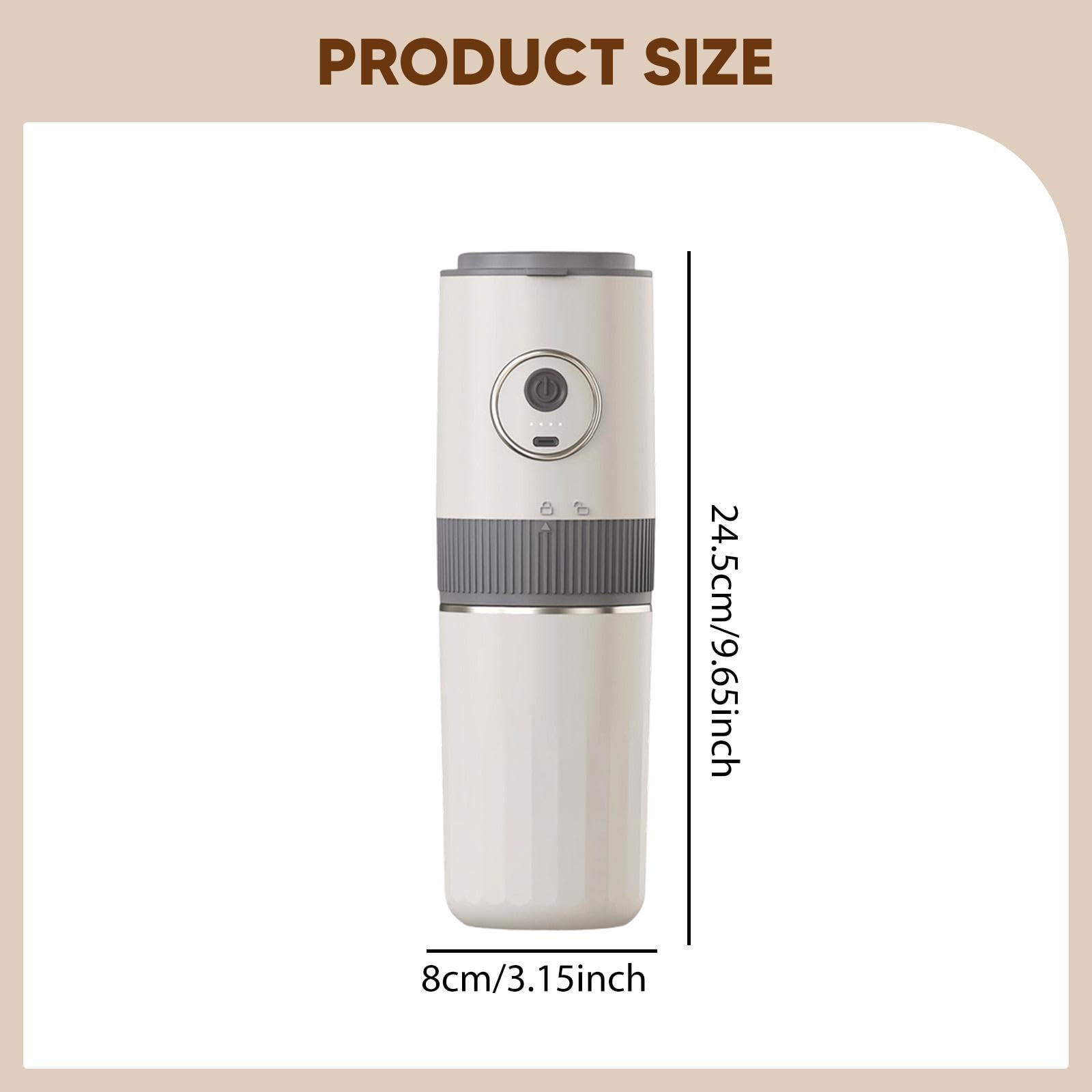 Cafetera Portátil Eléctrica con Molinillo de Café Integrado Filtro de Goteo Vaso Térmico y Batería Recargable Elaborada en PP y Acero Resistente, Beige, Individual
