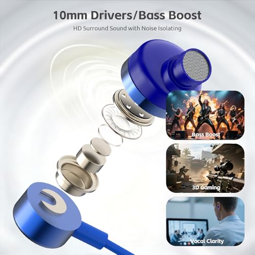 Image of MORMOQUE EP-06 Wired Earbuds in-Ear Earphones,Build-in Microphone Noise Isolating Headphones,3.5mm Jack 4.9ft Long Cord Ear Buds,HD Bass Audio,with 6 Ear Tips,for Smartphones /Laptop /Computer Etc-Blue