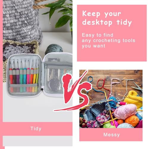Image of Katech Crochet Hooks Case Empty Zipper Bags Portable Travel Crochet Storage Bag Organizer with Web Pocket and Crochet Holder Slots for Carrying Various Crochets Needles (Pink)