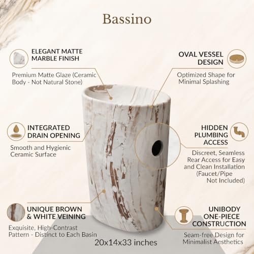 Image of BASSINO 20x14x33 Inch Pedestal Wash Basin /Free Standing Wash Basin /7 Years Warranty /Oval Ceramic One Piece Pedestal Sink for Bathroom /Living Room /Floor Mounted Washbasin(Matt White-Brown Mix Marble)