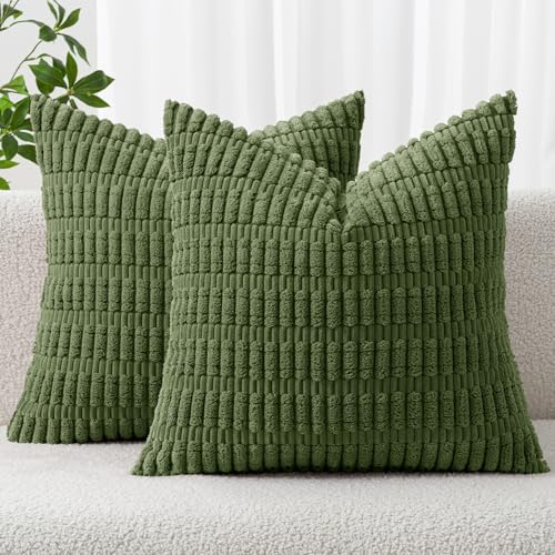 MIULEE Lot 2 housses coussin velours côtelé 20x20, Vert mousse