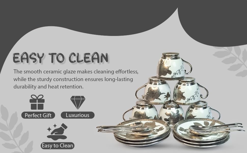 Image of Premium Ceramic Tea Set - 18 PCS | Elegant Gold-Plated Tea Cup Set with 6 Cups, 6 Saucers, 6 Spoons | Ideal for Home, Office, and Parties (Silver)