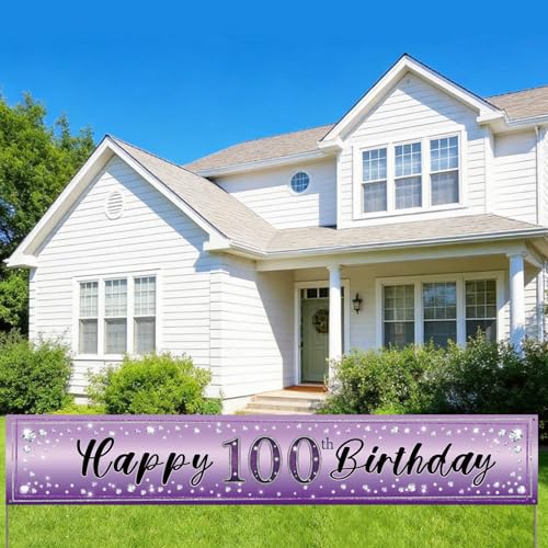Happy 100th Birthday Yard Banner, Purple 100th Birthday Yard Banner Sign for Women, One Hundred Birthday Party Large Banner Backdrop, Outdoor/Indoor Party Decoration