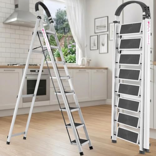 Image of Casa Copenhagen White 8 Step Ladder for Home Use with Built-in Tool Tray | Heavy Duty D Shape Rods | Ultra Large Platform | Wide Rubber Feet | 150Kg Capacity Foldable Ladder - 7 Years Warranty