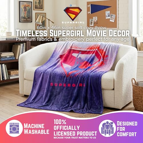 Image of Supergirl Movie Fluffy Throw 46 in x 60 in - Soft Plush Lightweight Blanket for Couch, Bed & Travel, (Officially Licensed Product) by Franco