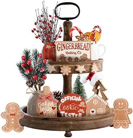 Teahutty 12PCS Christmas Decoration for Tiered Tray, Wooden Sign Xmas Tabletop Farmhouse Coffee Signs Rustic Tiered Tray Winter Gingerbread Decor for Xmas Winter Home Office