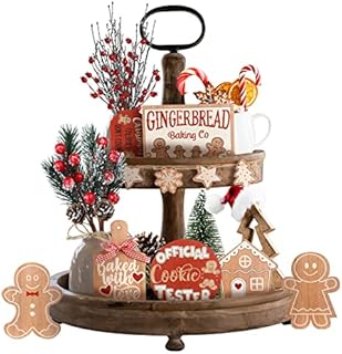 Teahutty 12PCS Christmas Decoration for Tiered Tray, Wooden Sign Xmas Tabletop Farmhouse Coffee Signs Rustic Tiered Tray Winter Gingerbread Decor for Xmas Winter Home Office