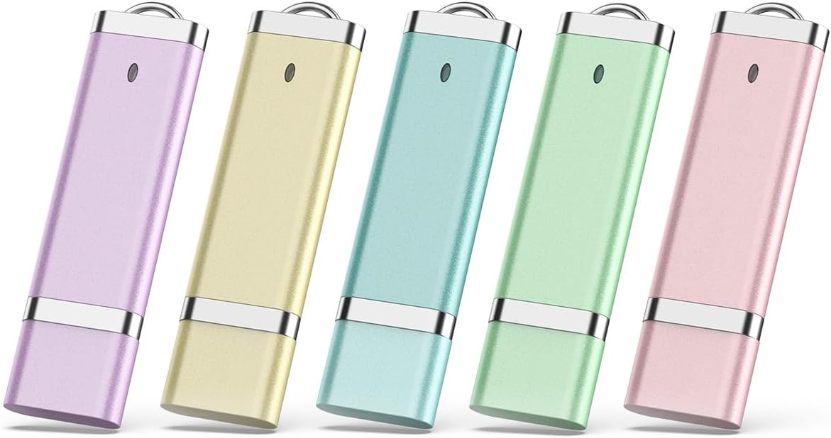 5 Pack 64GB USB Flash Drive, Memory Stick 64GB Thumb Drives Cute USB 2.0 Drive with LED Indicator Keychain Hole 5 Color (Blue, Green, Pink, Purple, Yellow)