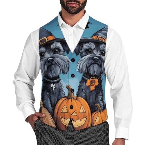Halloween Schnauzer Cute Pumpkin Bat Spider Mens Slim Fit Suit Vest Dress Waistcoat Casual Business Vest