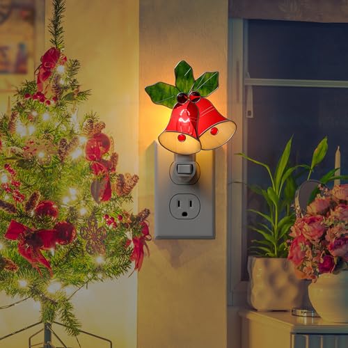 Image of Night Lights Plug into Wall Christmas Red Bell for Home Decor | Stained Glass Night Light Plug in,7W Warm Light,Switch-On /Off for Adult Kids Room Bathroom Gifts for Mom Grandkids Christmas