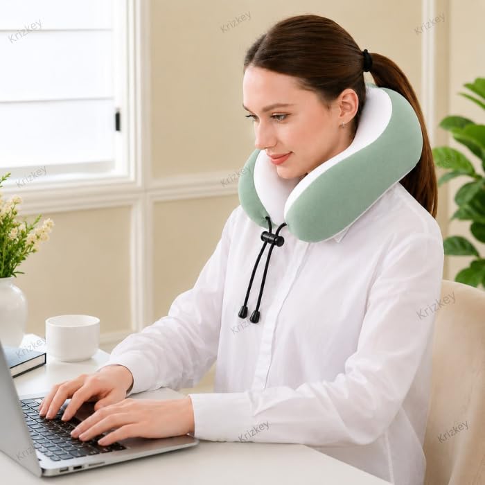 Image of Memory Foam Travel Neck Pillow with Portable Storage Case | Soft U-Shaped Neck Support Cushion for Airplane, Car, Train & Office | Lightweight Ergonomic Travel Pillow (Green)