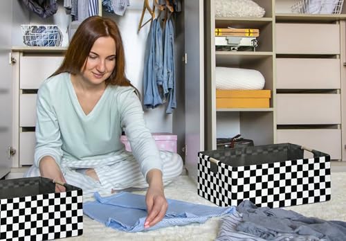 Image of Checkered Storage Basket Foldable Nursey Box | 16.9 inch Storage Cube for Women Closet Organizer Boys Car Toys Bins with Handles | Sturdy Cardboard & Washable Fabric 2Pack