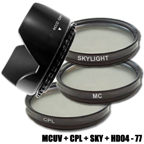 DynaSun 77mm Slim Circular Polarising Filter Set with Skylight Filter, Slim Multi Coated Ultra Violet Filter, MCUV Filter, Crown Shaped Tulip Flower Lens Hood for Canon, Nikon, Pentax, Olympus, Samsung, Sony, Panasonic, Fujifilm Camera