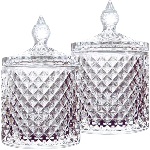 HANFCO 2Pc 10oz Glass Cotton Bud Holder Dispenser Cotton Pad Holder Clear Jars With Lid Bathroom Accessory Makeup Vanity Cotton Balls Wool Swab Pads Q Tip Candle Holder Apothecary Jars Bathroom Decor