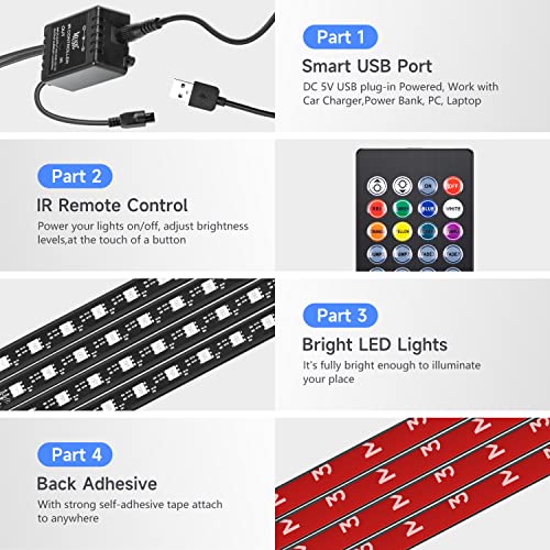 - Światła LED do wnętrza samochodu, światła LED RGB 5050 z pilotem zdalnego sterowania, 4 x 22 cm, taśma świetlna RGB, podświetlenie tła, wodoodporne