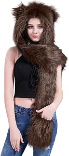 قبعة صغيرة للنساء 3 في 1 من الفرو الصناعي، قبعة شتوية ووشاح وقفازات جيب، طقم حراري كامل بغطاء للراس ووشاح طويل وشال ملفوف ومخالب وقفازات واذنين منفوشة لتدفئة الرقبة، زي تنكري للطقس البارد