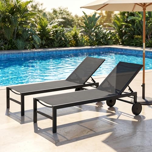 SUNLEI Patio Lounge Chair Outdoor Set of 2, Outdoor Chaise Lounge w/5-Position Adjustable Backrest & All Weather, Pool Lounge Chairs for Pool Beach Deck (Dark Grey, 2 Pieces)