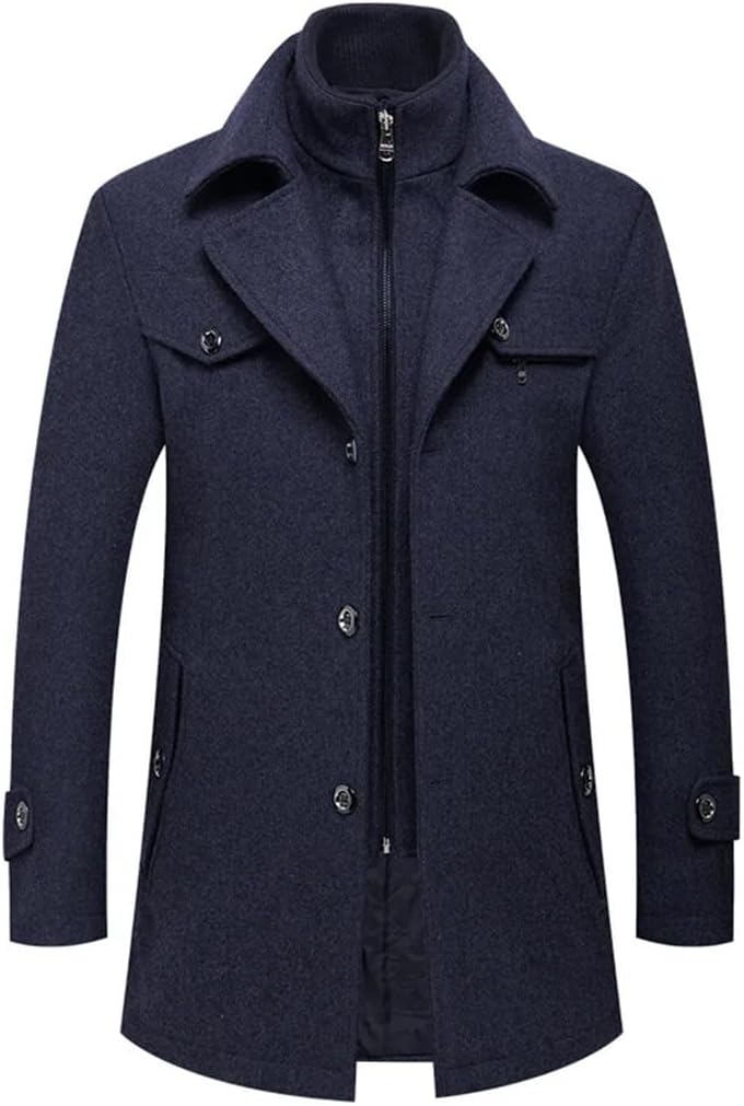 Dninmim Men's Slim Fit Wool Trench Coats Middle Long Outerwear Double Collar Zipper Solid Casusal Jacket