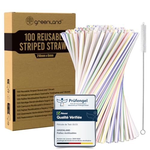 Greenland – 100 Pailles Réutilisables Rayées avec Brosse – 21 cm de long, 6 mm de diamètre – Idéales pour les cocktails, le lait, les jus et le thé