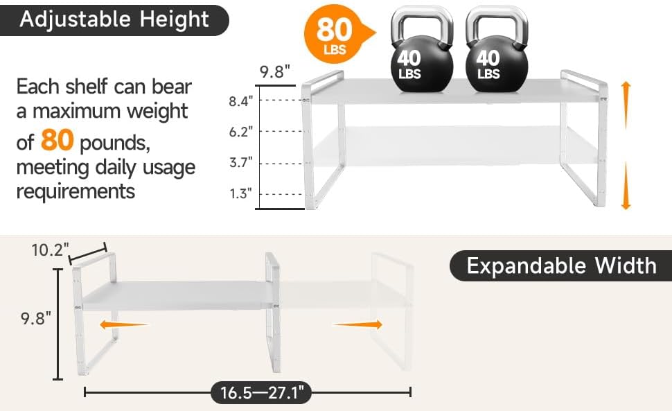 Miniatura 6 de Organizador de estante expandible de 16.5 a 27.1 pulgadas, 1 paquete de organizadores de estantes apilables de 8.1 pulgadas de ancho, almacenamiento