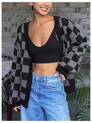 SOLY HUX Women's Checkered Button Down Cardigan Sweater V Neck Long Sleeve Loose Outerwear3