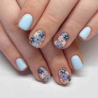 Curvlife Press on Nails Acrylic Fake Nails with Design Full Cover False Nails Reusable Nail Kit with Nail Glue Adhesive Tabs Nail File Artificial Glue on Nails (azure blue flower, 30pcs)