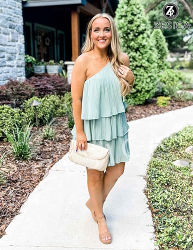 Image of ZESICA Women's Boho Summer One Shoulder Sleeveless Ruffle Tiered Layered Chiffon Pleated A Line Flowy Mini Dress