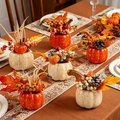 Image of winemana Fall Decorations for Home, Set of 6 Artificial Pumpkin | Table Centerpiece with Berry & Pine Cone, Thanksgiving Autumn Decor, For Office Bathroom Kitchen
