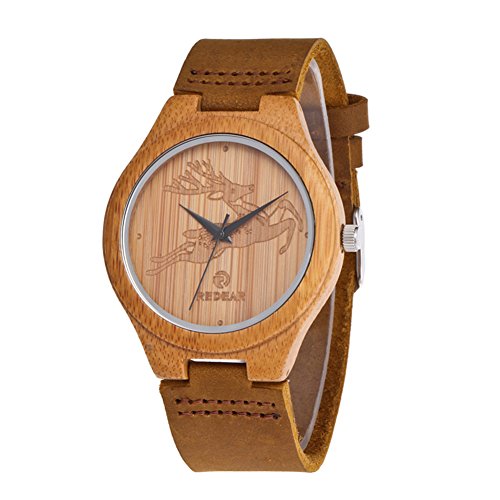 Montre femme en bois de bambou avec bracelet cuir véritable Mouvement à quartz japonais (Marron 1)