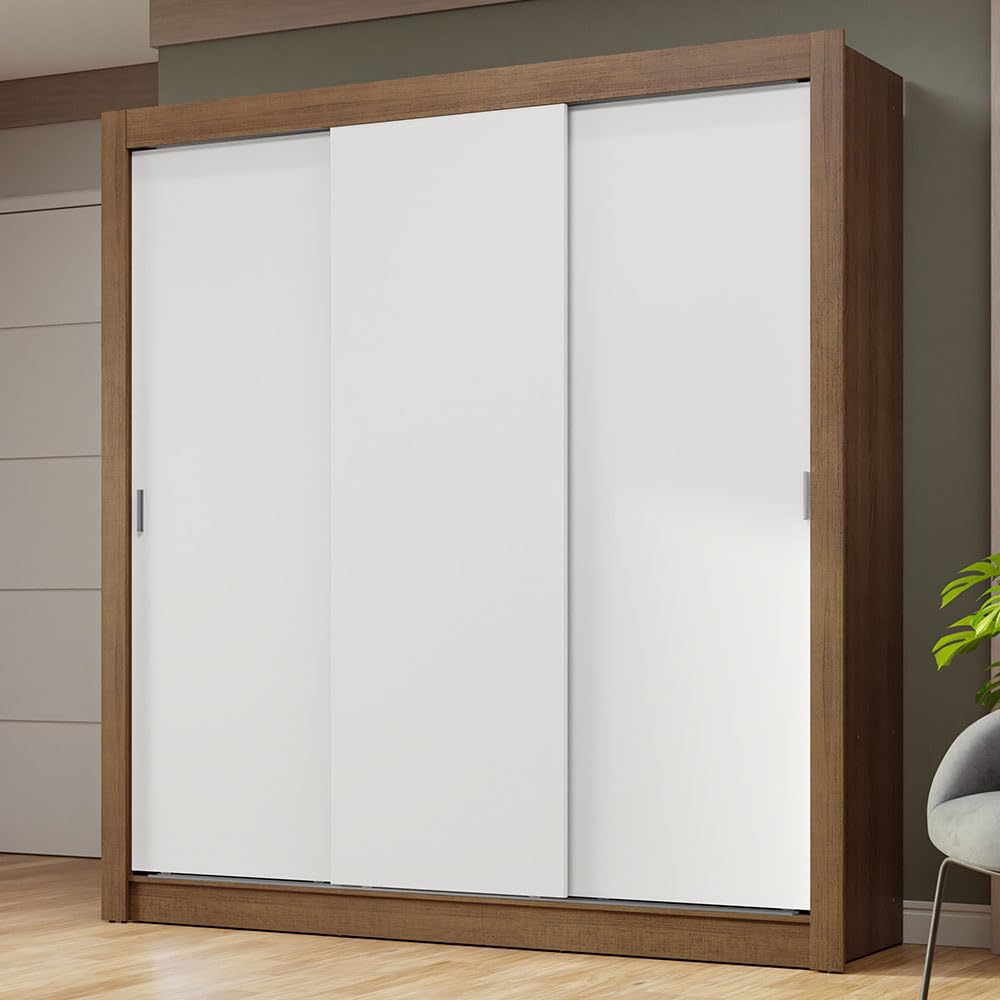 Madesa 3 Sliding Doors Wardrobe Ample Storage Wooden Almirah 170 Cm with Shelves and Hanging Units for Bedroom - Brown/White