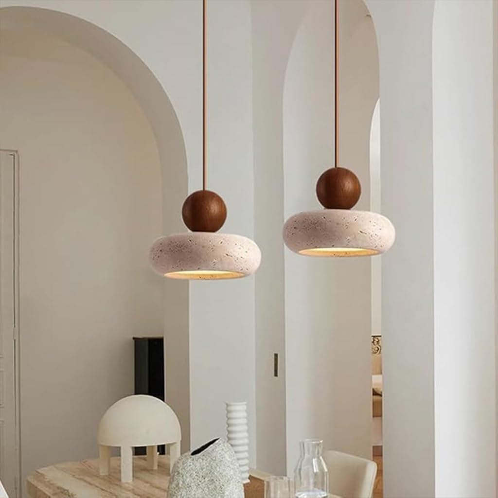 Suspension LED Bois & Travertin Wabi-Sabi 1/3 Lumières | Lustre Nordique Vintage En Pierre Naturelle Jaune, Hauteur Réglable Pour Salle À Manger, Salon, Chambre & Cuisine(20cm)