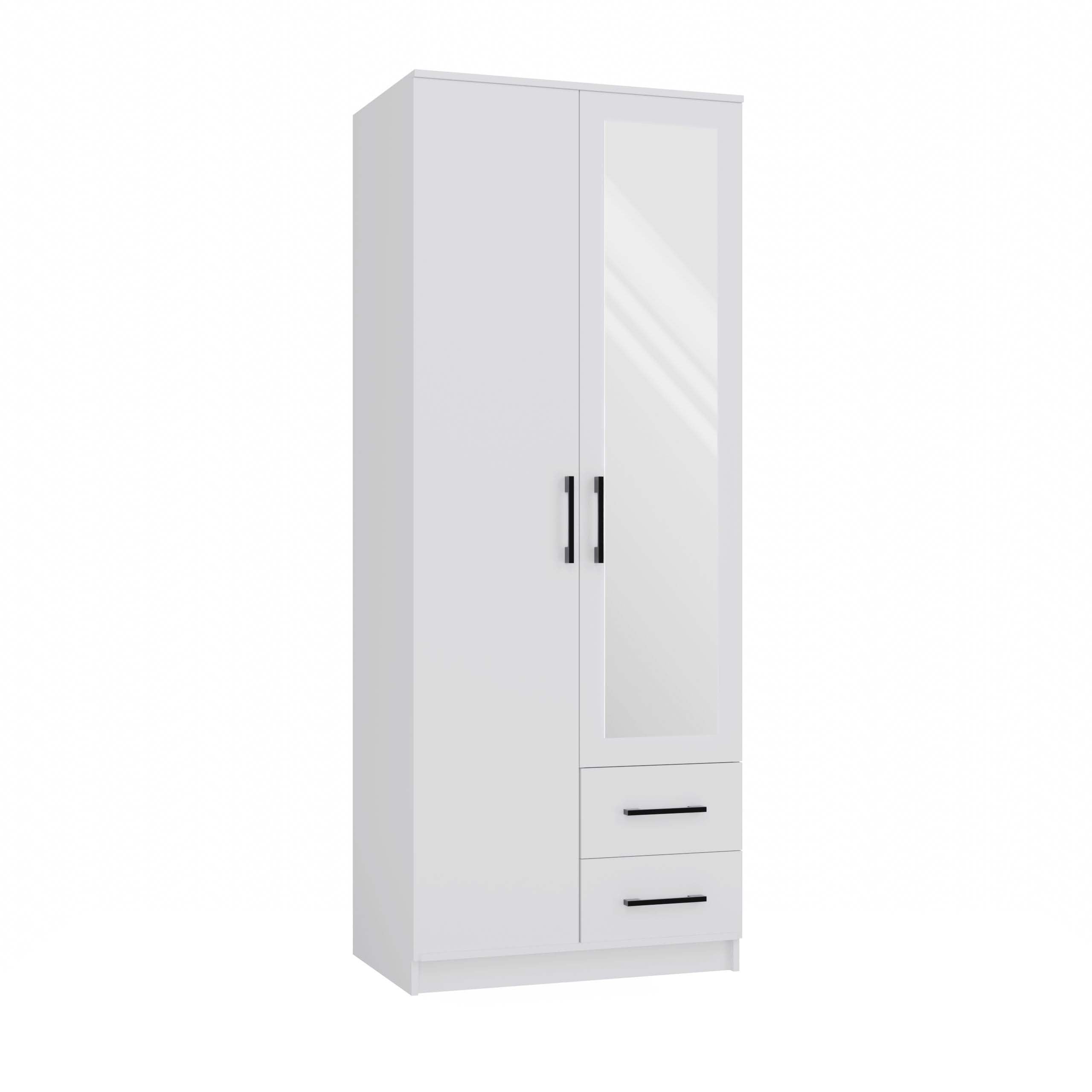 Armadio Salvaspazio 80x205 cm, 2 Ante con Specchio a Destra e 2 Cassetti, Guardaroba Moderno con Appendiabiti e 4 Ripiani, Mobile Camera da Letto e Ufficio, Design Minimal, Bianco Opaco AT16