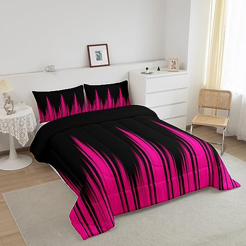 Image of Rose Pink Ombre Comforter Set Full Size, Ombre Striped Comforter Abstract Pink and Black Comforter Kids Toddler Pink Stripe Duvet Set Breathable Bed Set 3Pcs