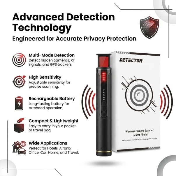 Image of Hidden Camera Detector Device- Pocket Sized Anti Spy Camera Detector, Listening Device GPS Tracker Detector, 5 Levels Sensitivity Adjustable 4 Professional Modes (F-710)