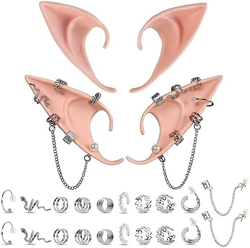 Elf Ears 2 Pairs With Gold Hoop Pearl Earring Chains – Soft Silicone Pointed Fairy Pixie Ears For Halloween, Cosplay, Fantasy Makeup, Prom & Costume Party Accessories