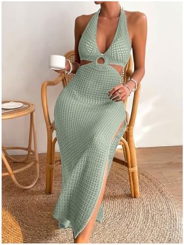 GORGLITTER Women's Crochet Maxi Dress Halter Knit Backless Swimsuit 2026 Vacation Summer Bathing Suit Beach Cover Ups Olive Green X-Small — view 3